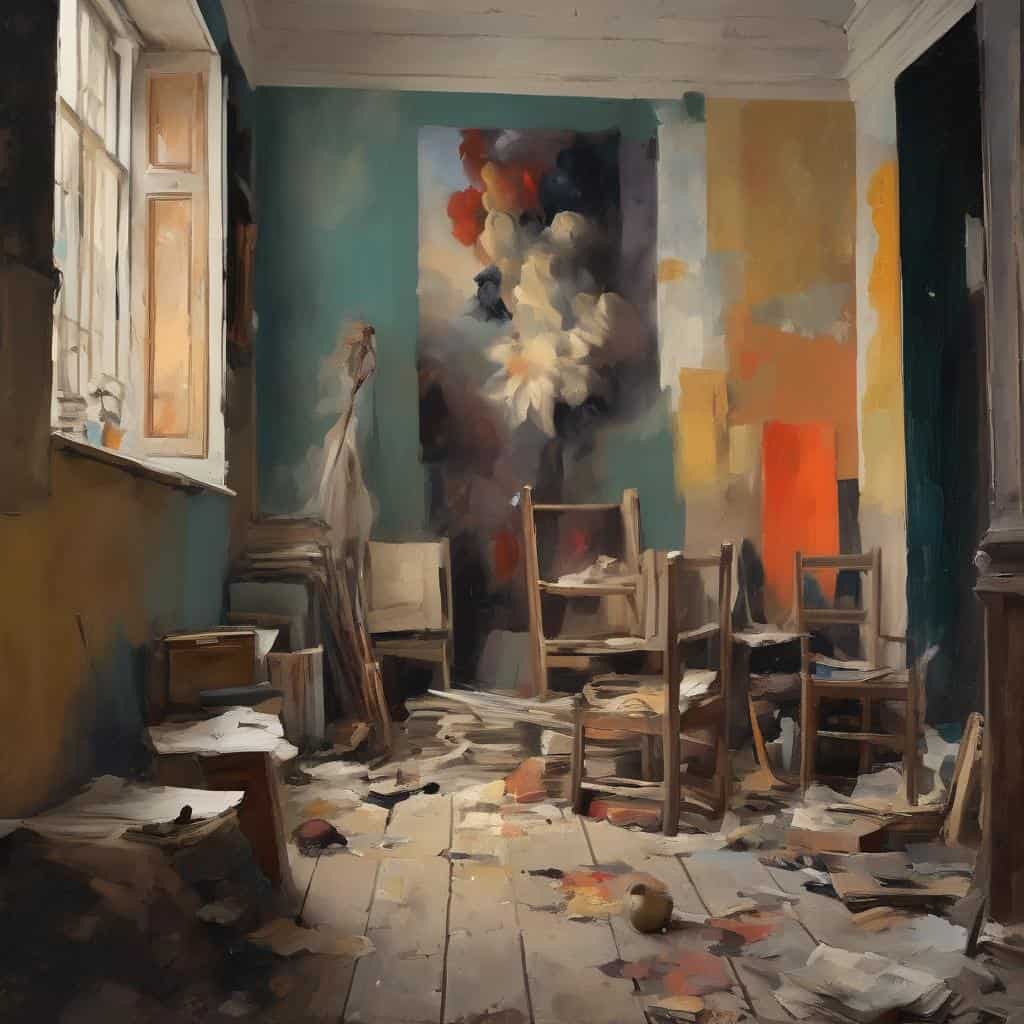 Παλιό εργαστήριο καλλιτέχνη με τεράστιο έργο τέχνης στον τοίχο και κενά παλιά έπιπλα.