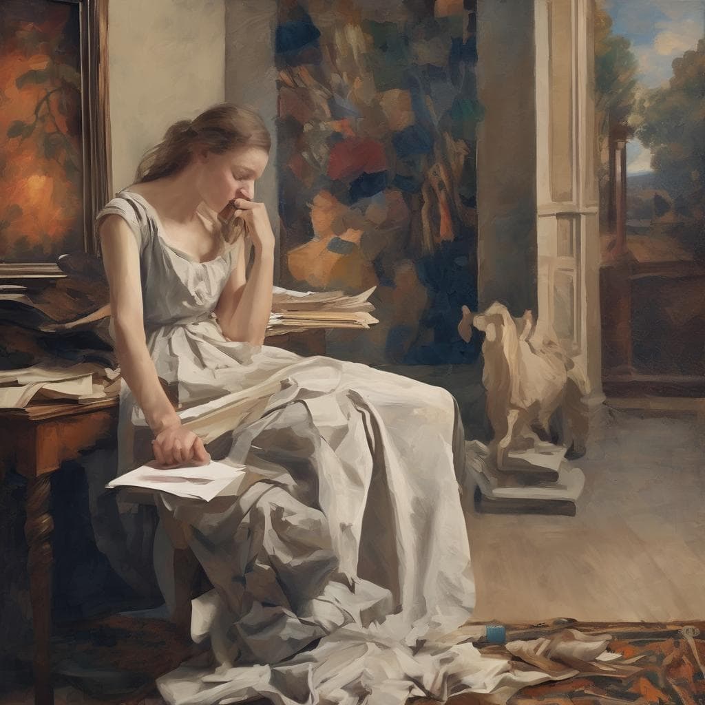 Αρχειακή εικόνα με καλλιτέχνη και το ιστορικό πλαίσιο της τέχνης, ζωγραφική με έμφαση στην έμπνευση και τη δημιουργικότητα.