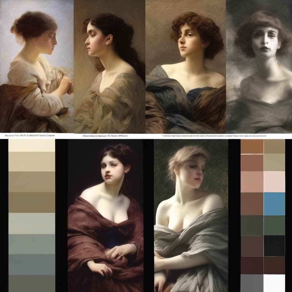 Αkyτογραφημένες πορτρέτα γυναικών με ιστορικό και καλλιτεχνικό πλαίσιο, εμπνευσμένα από διάσημους ζωγράφους, με έμφαση στη τέχνη και το χρώμα.