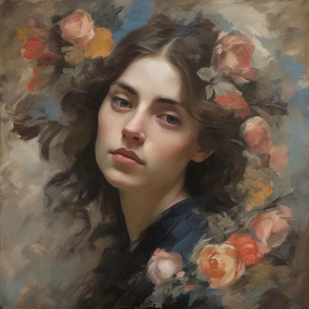 Φωτογραφία νεαρής γυναίκας με ρομαντική ατμόσφαιρα και λουλούδια στο φόντο, εμπνευσμένη από τους καλλιτέχνες και το ιστορικό πλαίσιο.