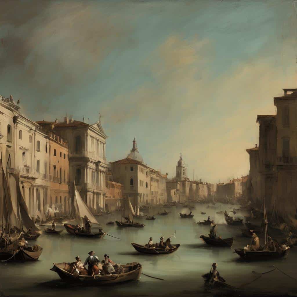 Καλλιτέχνες και το Ιστορικό τους Πλαίσιο, ζωγραφική εικόνα με κανάλια και παραδοσιακές βάρκες στη Βενετία.