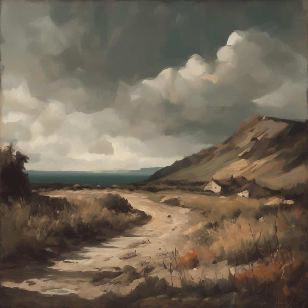 Καλλιτέχνης και το ιστορικό πλαίσιο σε τοπίο με βουνά και σύννεφα, ζωγραφική ατμόσφαιρα, αναπαράσταση τοπίου με ιστορική τέχνη.