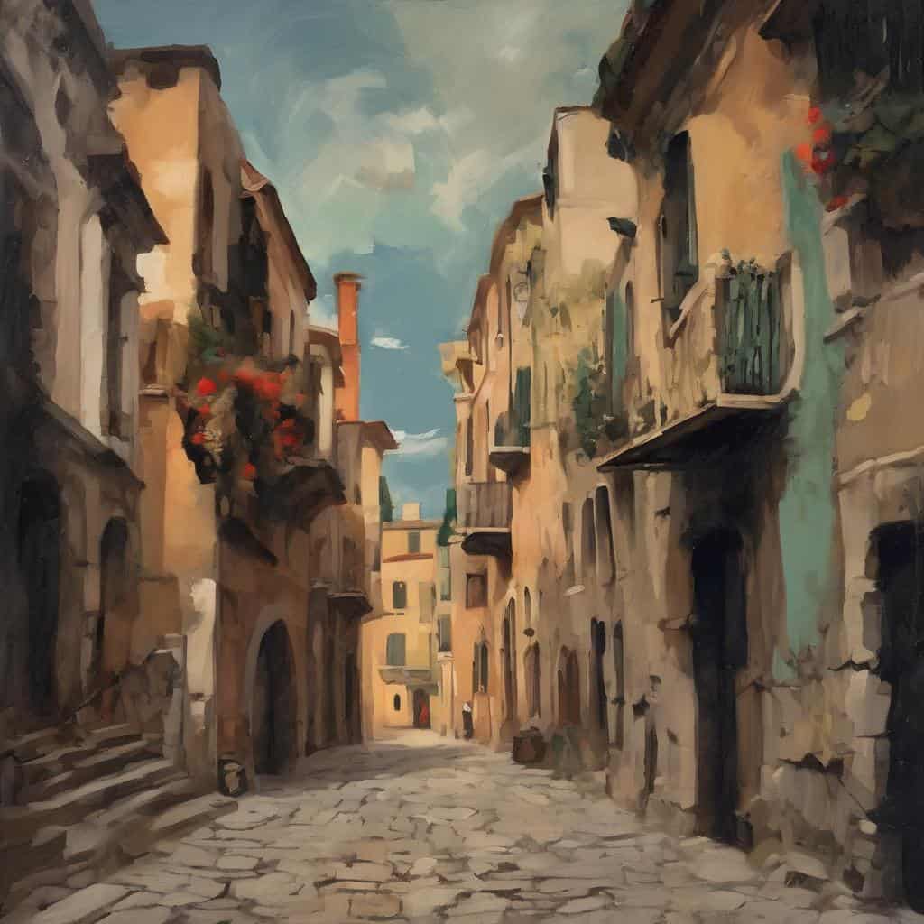 παλιά πόλη, ζωγραφική ελαιογραφία, ιστορικό πλαίσιο, καλλιτέχνες, αρχιτεκτονική, ιταλικό τοπίο, εντυπωσιακό σκίτσο, πολιτιστική κληρονομιά, τέχνη, αρχαία γεωργία, ιστορική αρχιτεκτονική, μεσαιωνική, ρομαντική, αυθεντικό, αστική σκηνή.